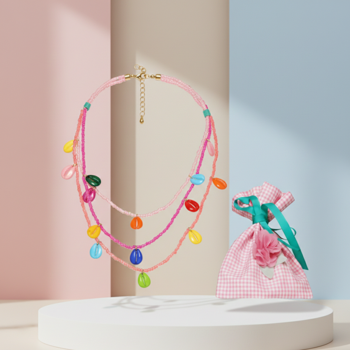 Colorful Shell Layered Necklace With Bag