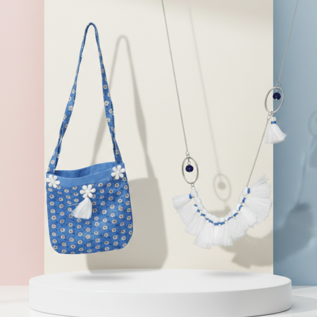 Modern Tassel and Bead Statement Necklace With Bag