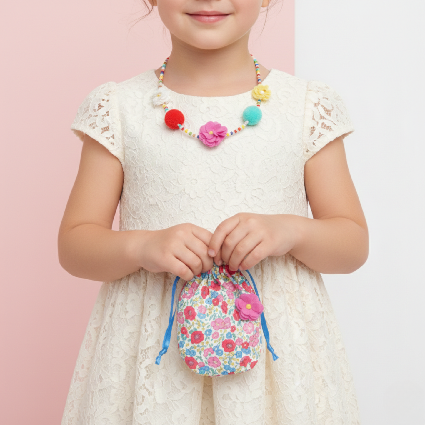 Multi Beaded Floral Necklace with Bag